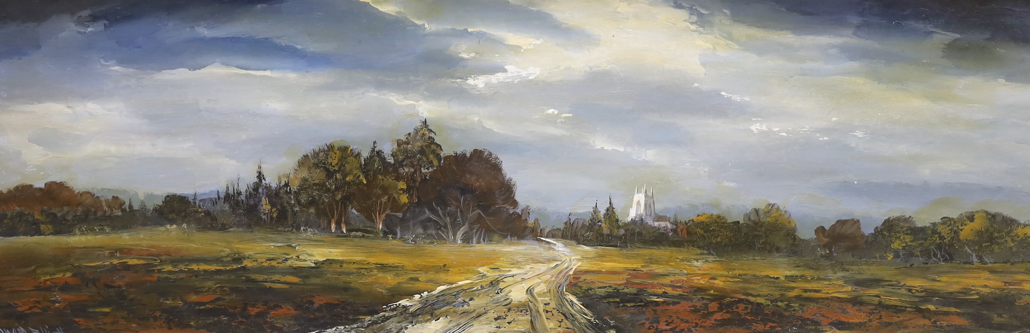 Edward Elliott (20th. C), Impressionist oil on board, Panoramic landscape, signed, 39 x 120cm